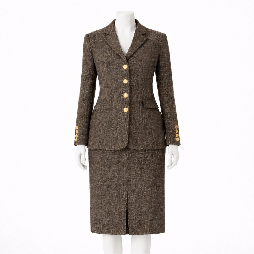 Salvatore Ferragamo Vintage Brown Tweed Skirt Suit Wool Italy IT 44 Size 6 / 8 - Picture 2 of 13